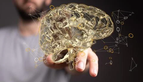 Closeup of a man pointing into 3D rendered human brain anatomical model Foto stock