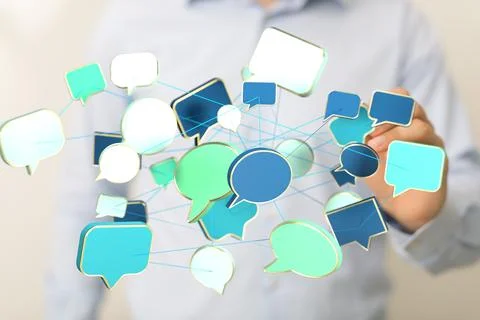 A closeup of a man pointing into 3D rendered digital speech bubbles teamwork  Stock Photos