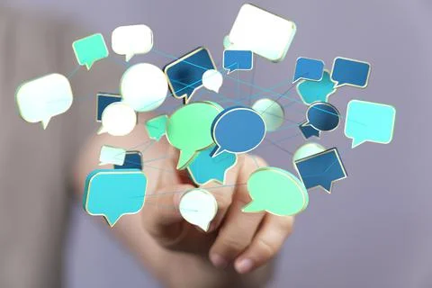 A closeup of a man pointing into 3D rendered d speech bubbles teamwork connec Stock Photos