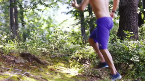 Closeup of man running in forest, mountains Stock Footage 55865974