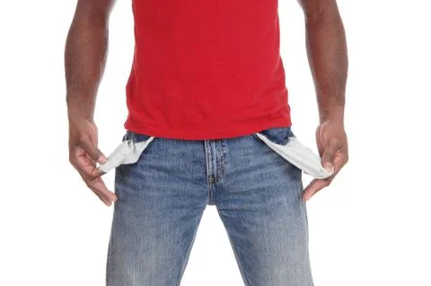 Closeup of man showing empty pockets Stock Photos