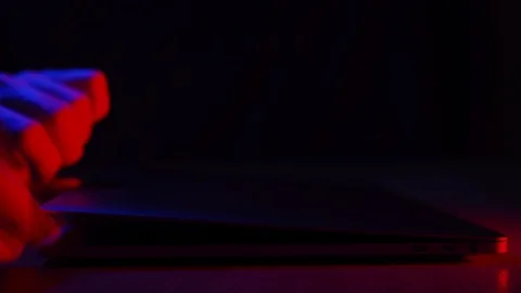 Closeup man sitting table notebook. Hands keyboarding laptop using texting point Stock Footage 122655062