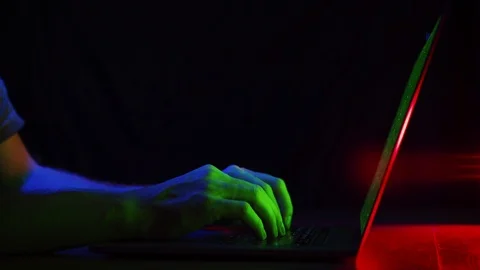 Closeup man sitting table notebook. Hands keyboarding laptop using texting point Stock Footage 122655168