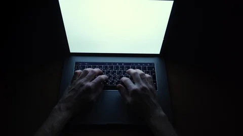 Closeup man sitting table notebook. Hands keyboarding laptop using texting point Stock Footage 122655610