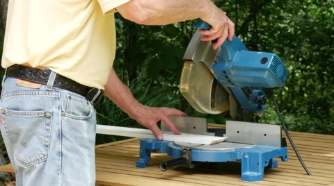 Closeup of Man Using Power Tool Miter Saw HD 4K Stock Footage 40001827