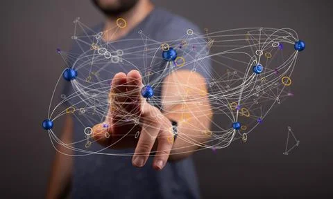 Closeup of the man's hand touching 3d rendering model of web connections, Stock Photos