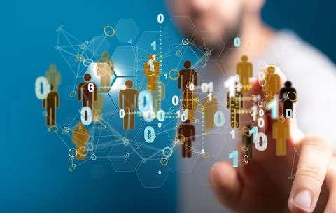 Closeup of the man's hand touching the network connections with binary numbers Stock Photos