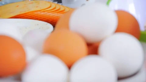 Closeup many eggs on the table Stock Footage 89223796
