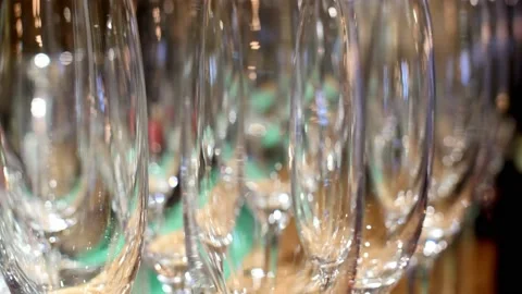 Closeup many empty transparent glasses for drink champagne at buffet festive Stock Footage 152072800