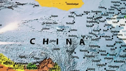 Closeup of a map of china highlighting major cities and geographical regions Stock Footage 340581079