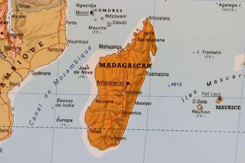 A closeup of a map of Madagascar Stock Photos