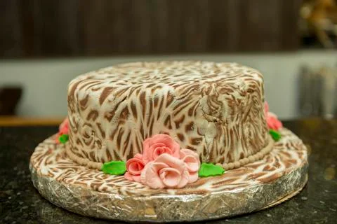 Closeup of marbled birthday cake of white and dark chocolate. Stock Photos