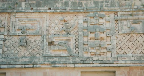 Closeup of Mayan carvings and patterns on the stone facade of a temple in Mexico Stock Footage 313091167