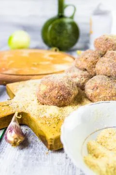 Closeup meat balls ground beef rolled breadcrumbs Stock Photos