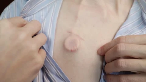Closeup of medical chemotherapy port implanted under the skin on patients c.. Stock Footage 317502553