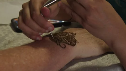Closeup: Mehendi temporary artwork drawn on man's hand with henna Stock Footage 335124744