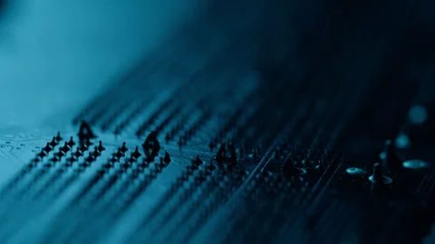 Closeup microchip linking circuit paths on processor board. Macro view connector Stock Footage 332671216