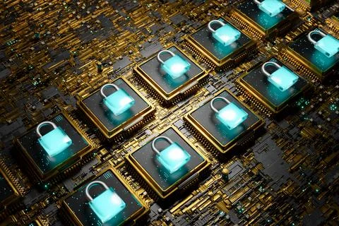Closeup of microchip padlocks on a electronic board Stock Illustration