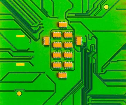 Closeup of microchips and pins on the Main CPU PC processor circuit board. 스톡 사진