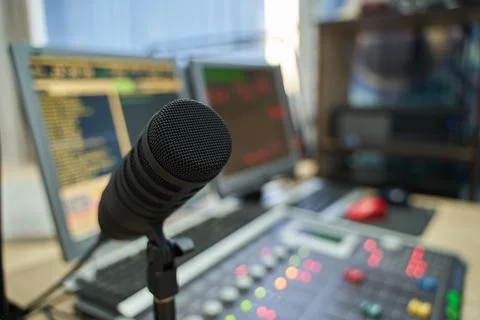 Closeup Microphone in Radio Studio Blurred Setup Stock Photos