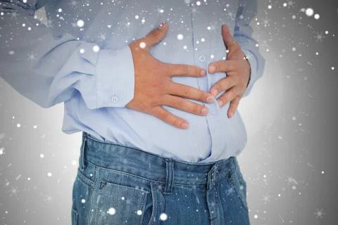 Closeup mid section of a casual man with stomach pain Stock Illustration