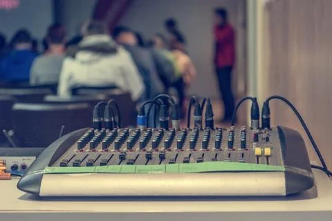 Closeup of mixing console at live presentation. Stock Photos