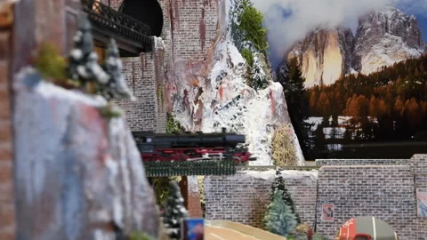 Closeup of model train in miniature. Model railway Stock-Footage 153032609