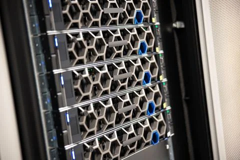 Closeup Of Modern Hyperconverged Hosts in Virtual Environment In Datacenter Foto stock