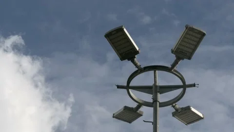 Closeup, modern street LED lighting pole on the riverside Stock Footage 137882976
