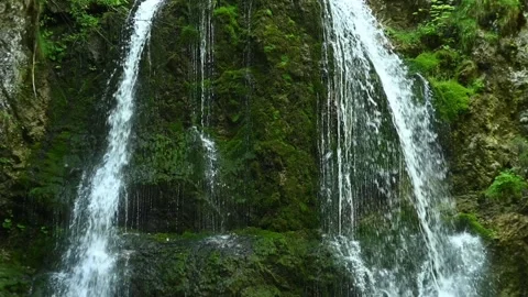 Closeup of a mossy twofold waterfall in a forest (slow motion) Stock-Footage 262075560