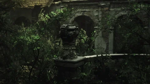 Closeup of mossy urn atop distressed stone balustrade emphasizing texture Stock Footage 340351141