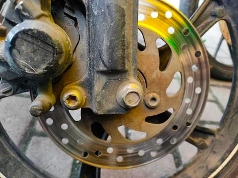 Closeup motorcycle breaking system with disk brakes Stock Photos