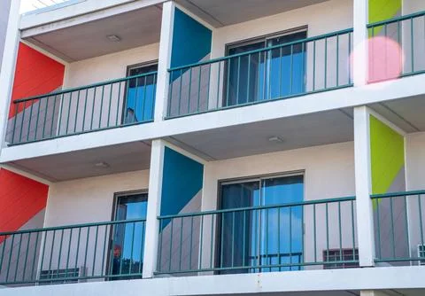 Closeup of multi colored balconies Stock Photos