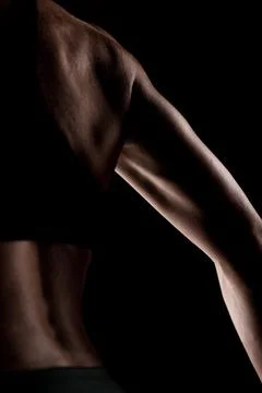 Closeup of a muscular body displaying defined back and arm muscles under Stock Photos