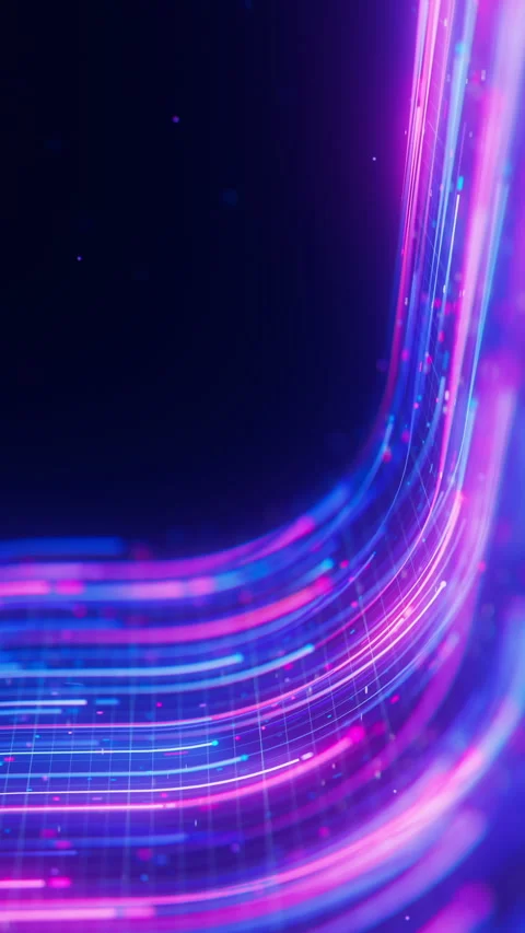 Closeup of neon line flow carrying big data around a curve. Abstract digital Stock Footage 348282940