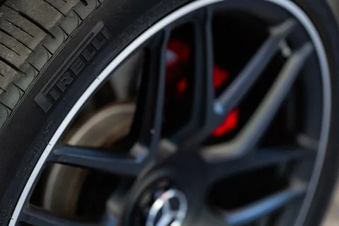 Closeup of new Pirelli P Zero tire Stock Photos
