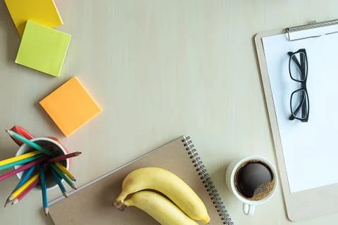 Closeup notebook Flat lay home office workspace Top view Stock Photos