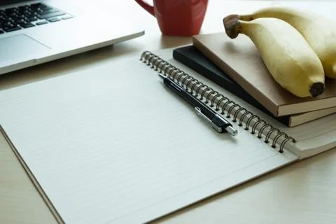 Closeup notebook Flat lay home office workspace Top view Foto stock