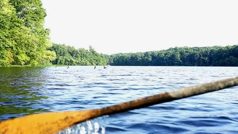 Closeup of oar paddle from row boat moving in water splashing on green lake Stock Footage 80206342