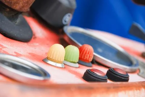 Closeup of old machine control dials and gauge on machinery. Stock Photos
