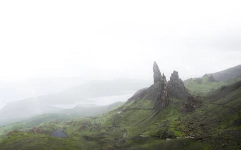 Closeup of old man of storr. Dramatic Moody shot of Isle of skye. Nature and Stock Photos