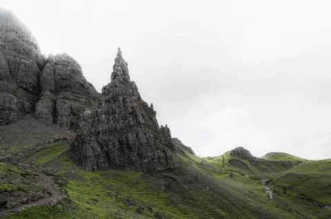 Closeup of old man of storr. Dramatic Moody shot of Isle of skye. Nature and Stock Photos