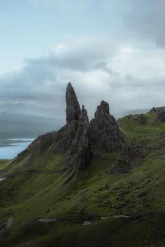 Closeup of old man of storr. Dramatic beautiful Moody shot of Isle of skye Stock Photos