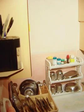 Closeup of old middle class or poor families small kitchen interior view. 스톡 사진