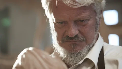 Closeup of Old professional Carpenter has made Handmade Wood Sculpture. Stock Footage 112627562