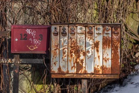 Closeup of old rusty mailboxes Stock Photos