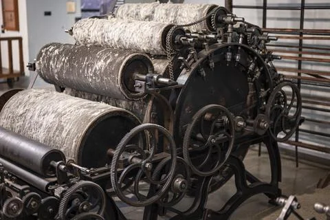 Closeup of an old textile machine, a carding machine 스톡 사진