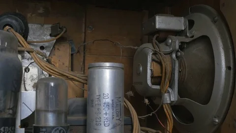 Closeup Old time tube type radio interior tubes Pan left Stock Footage 71624638