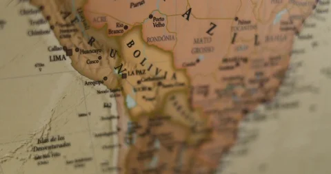 Closeup Old Vintage World map. Focusing on Bolivia, South America Stock Footage 116989022