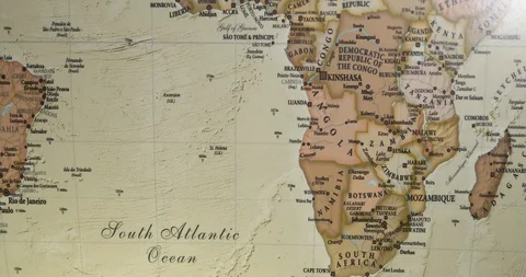 Closeup Old Vintage World map.  Focusing on The Atlantic Ocean Stock Footage 116989155